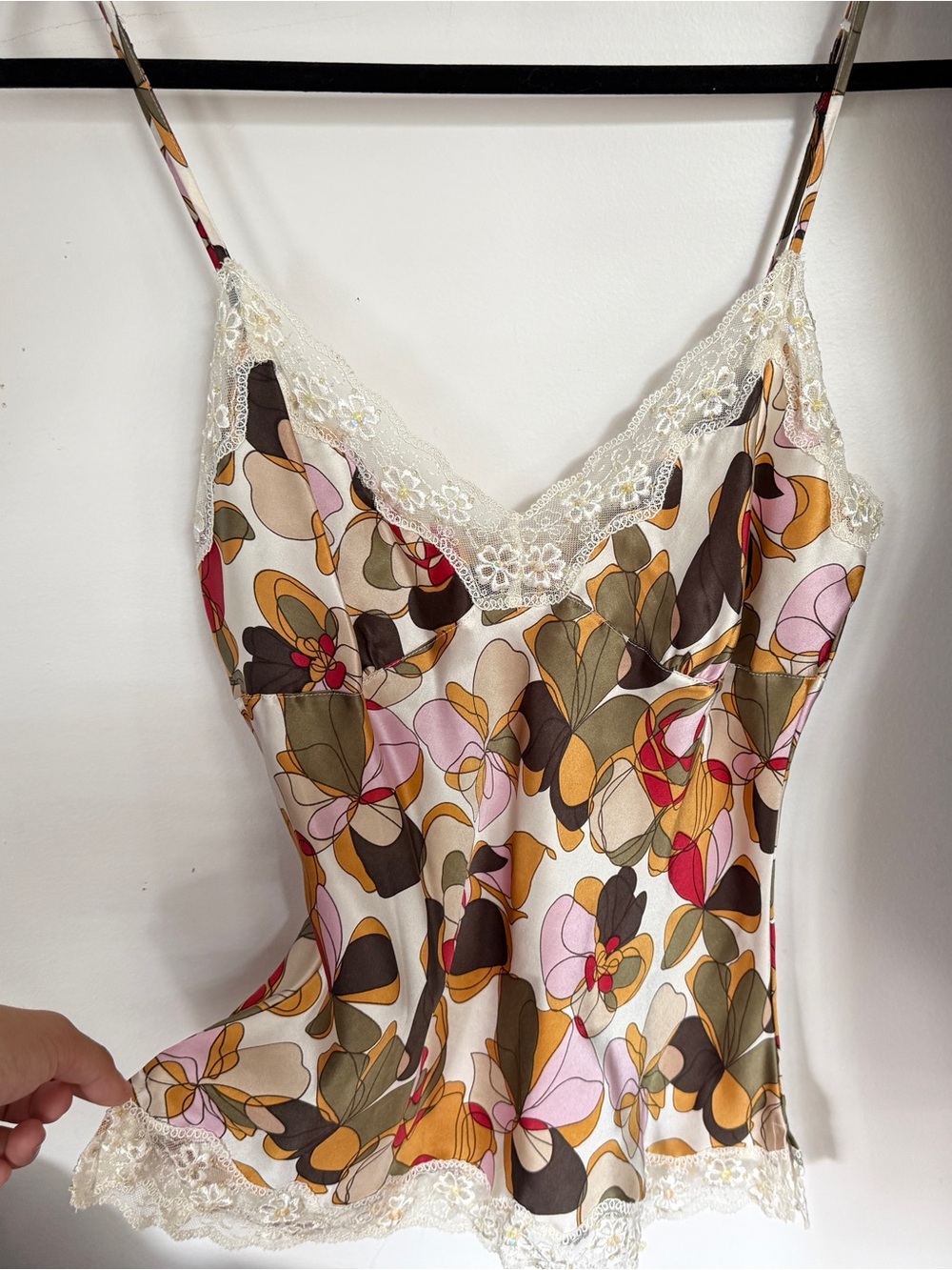 Vintage y2k silk floral print ninety cami tank top S lace sequin trim green pink